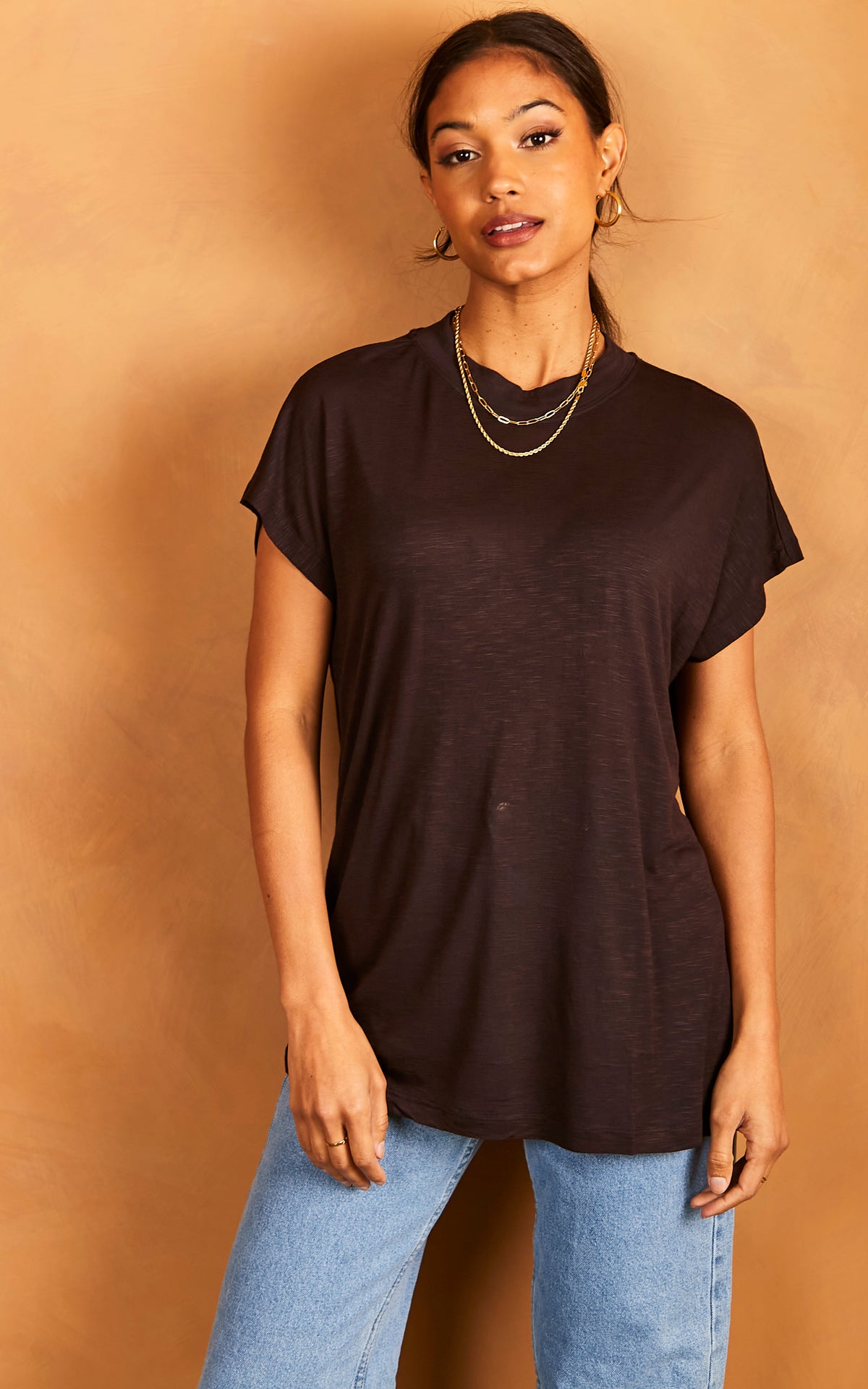 Short Sleeve High Neck T-Shirt in Black