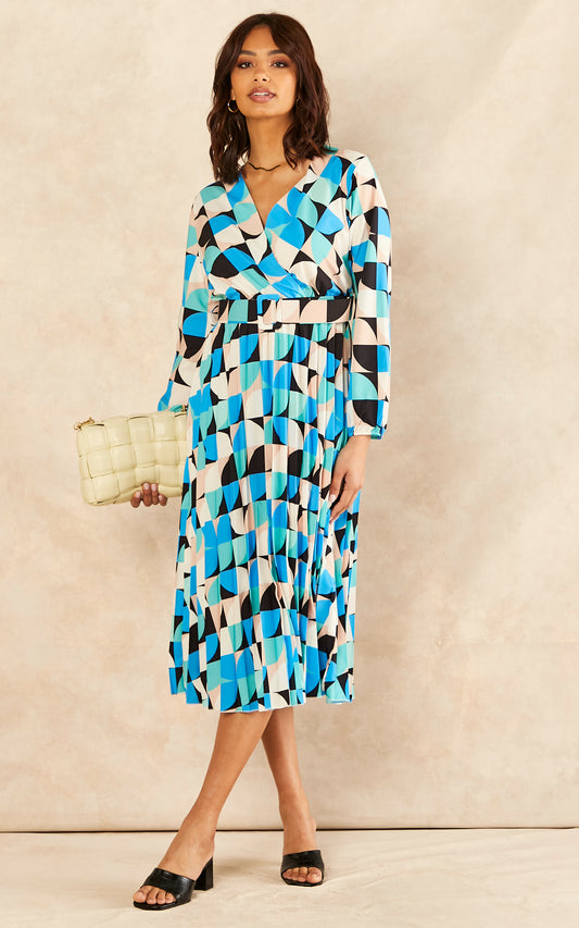 Long Sleeve Geometric Print Belted Midi Dress in Blue