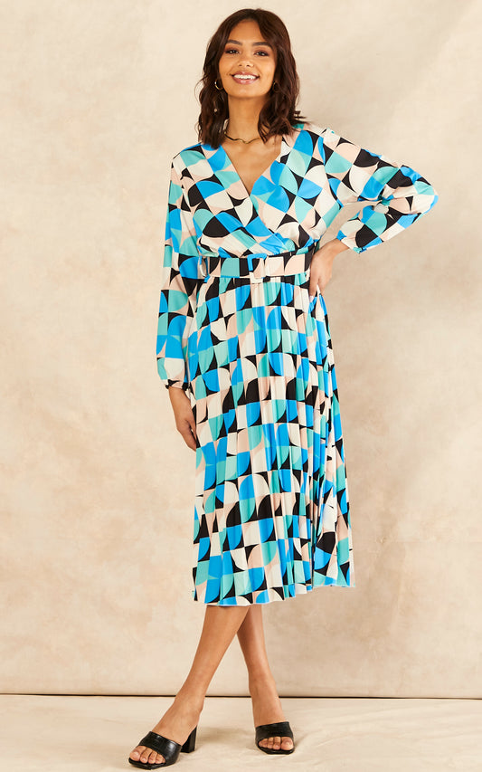 Long Sleeve Geometric Print Belted Midi Dress in Blue