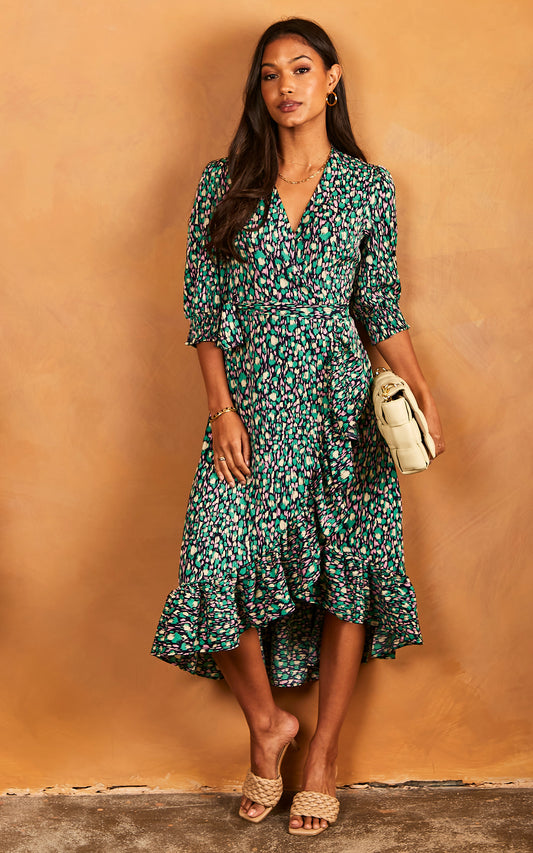 Midi Wrap Dress With Short Cuff Sleeve In Pink and Green Print