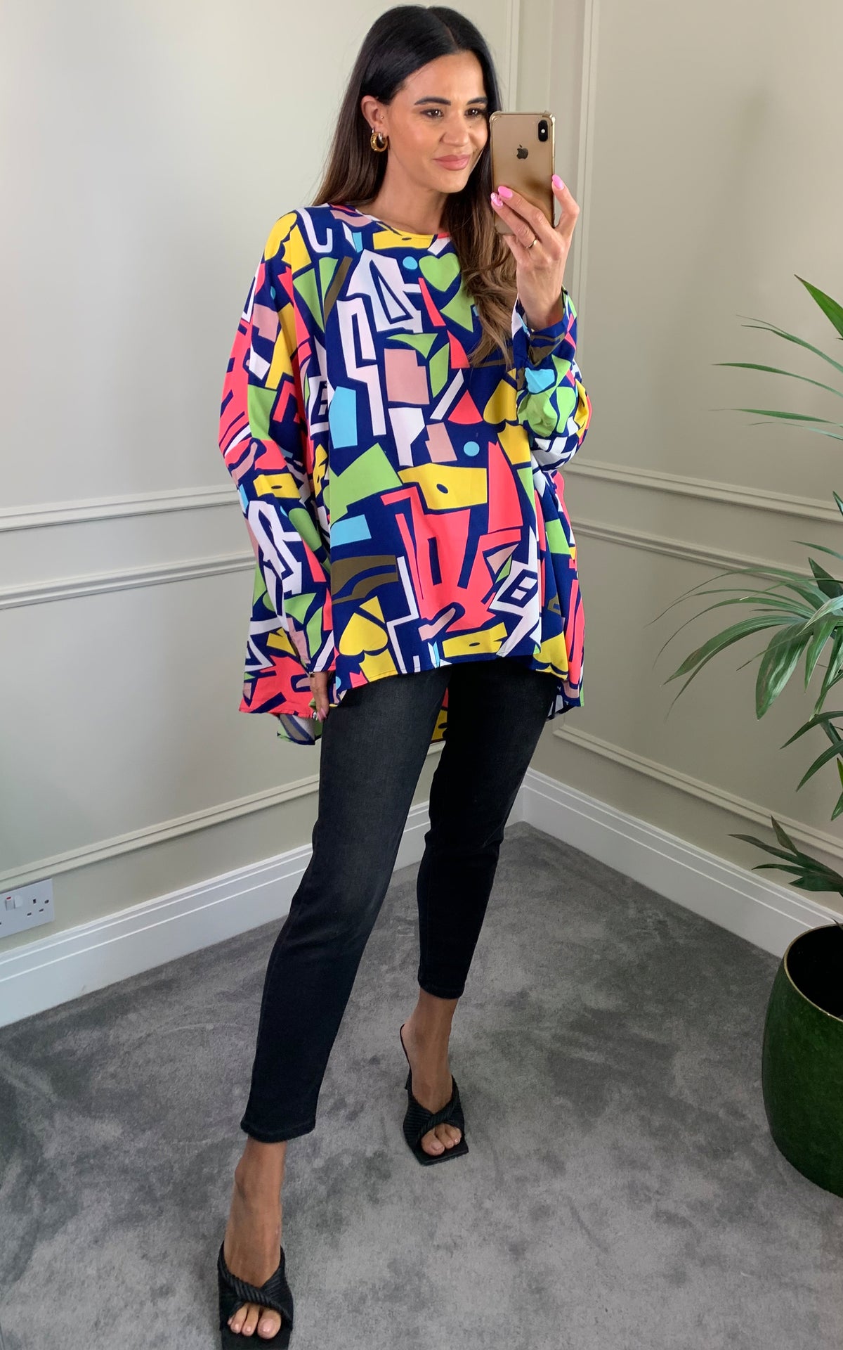 Neon colour printed kaftan top with long sleeves
