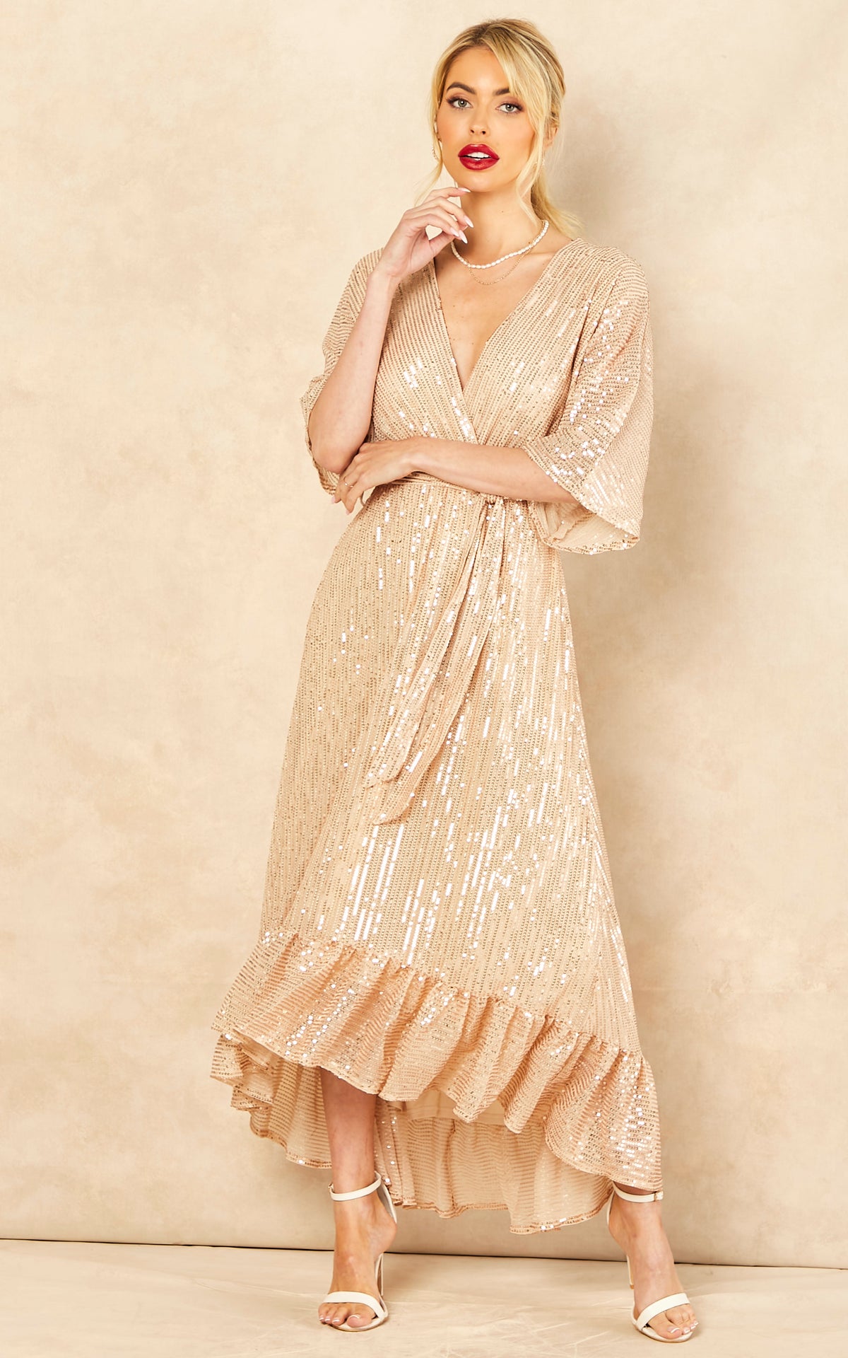 Sequin Plunge Maxi Dress in Gold