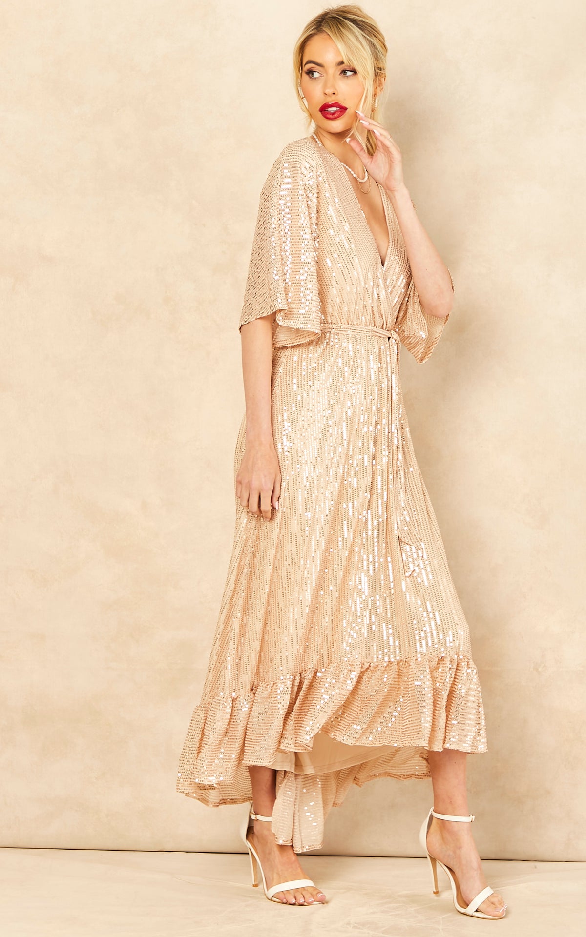 Sequin Plunge Maxi Dress in Gold