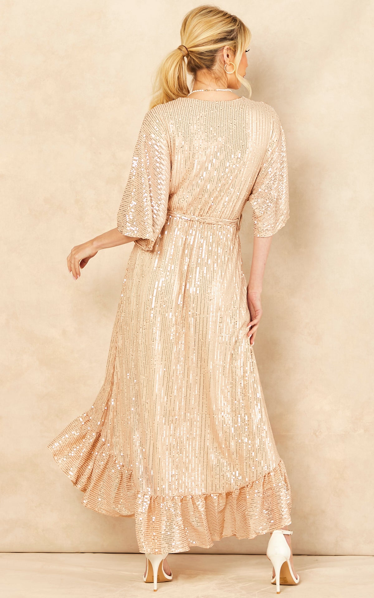 Sequin Plunge Maxi Dress in Gold