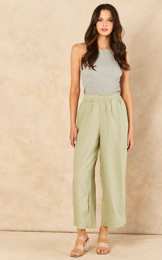 Wide Leg Elasticated Waist Linen Trousers in Khaki