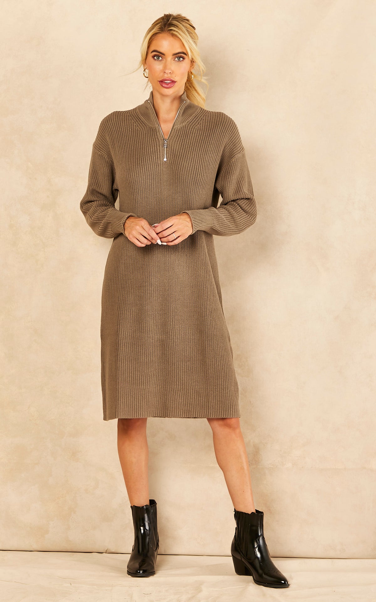 High Neck Half Zip Knitted Dress in Brindle