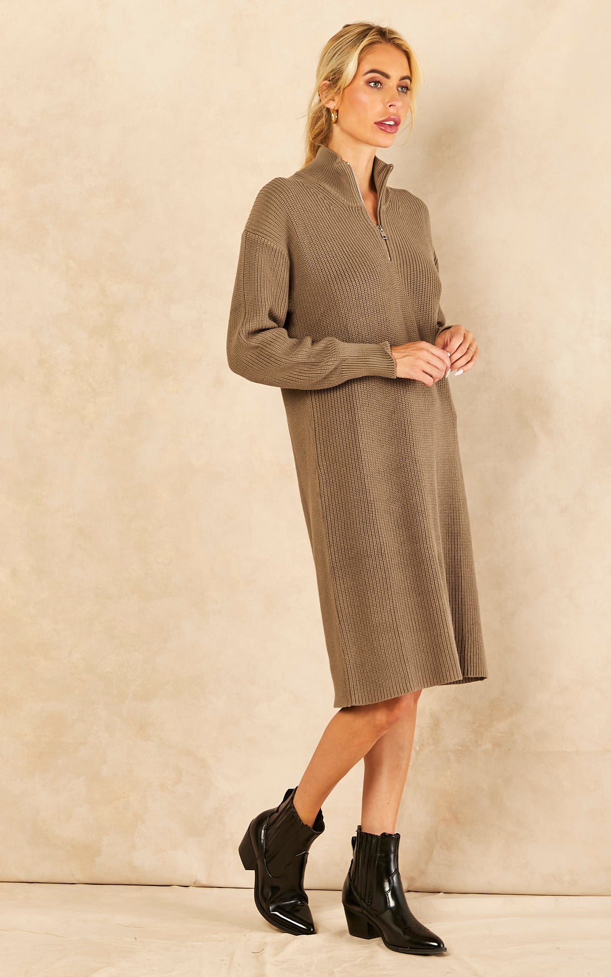 High Neck Half Zip Knitted Dress in Brindle