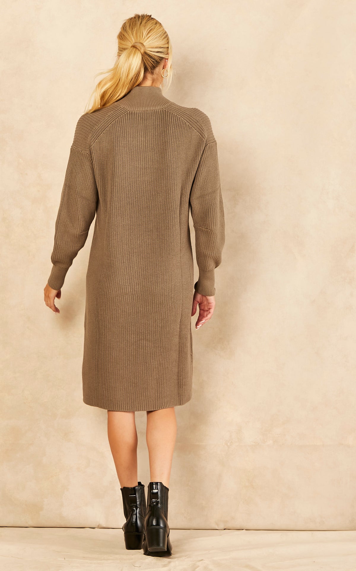 High Neck Half Zip Knitted Dress in Brindle