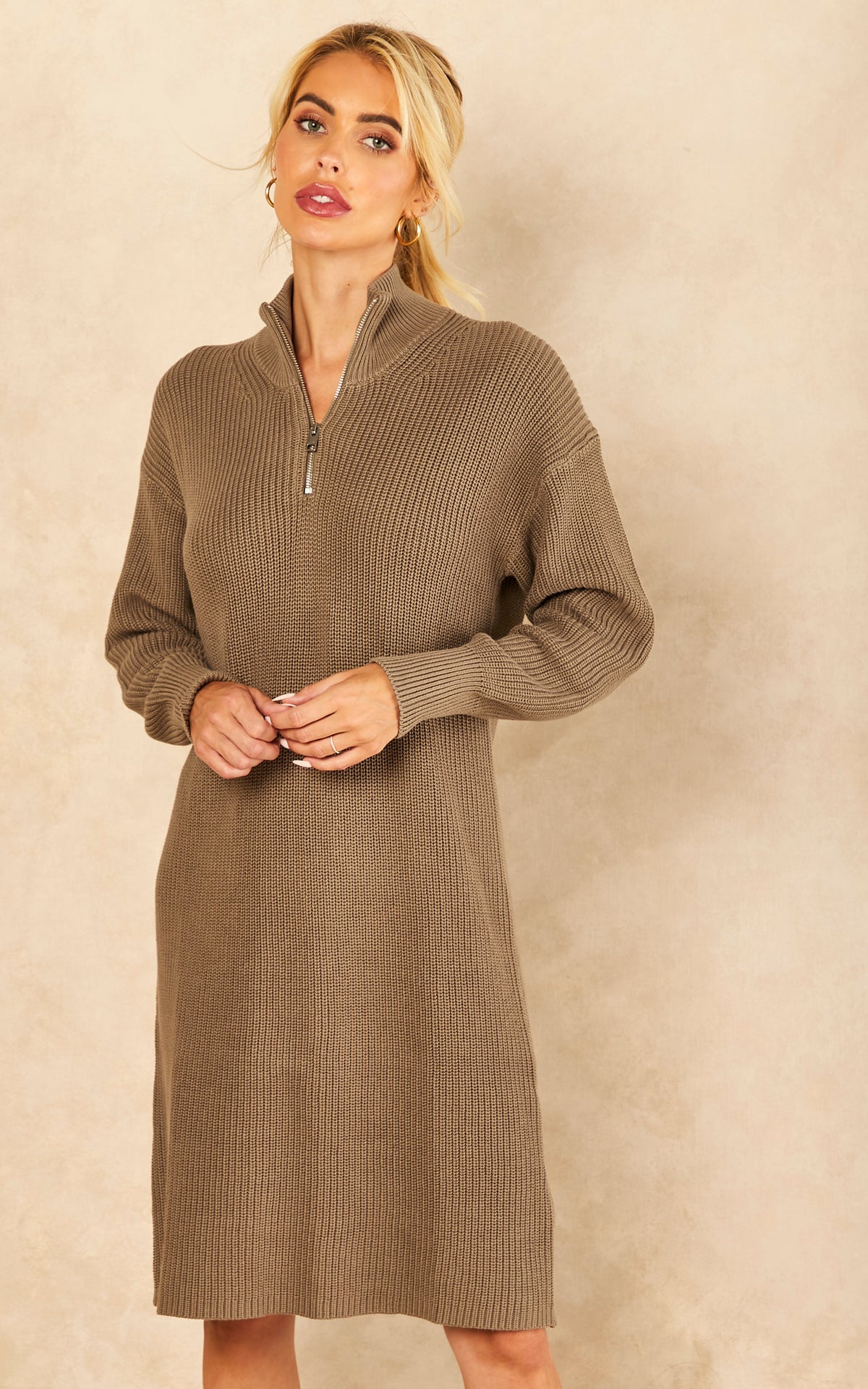 High Neck Half Zip Knitted Dress in Brindle