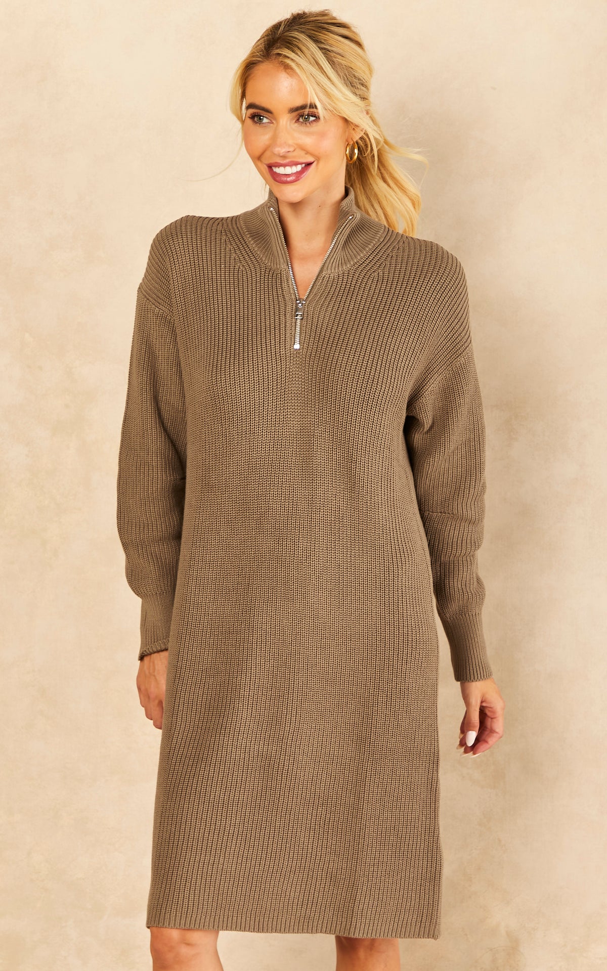 High Neck Half Zip Knitted Dress in Brindle