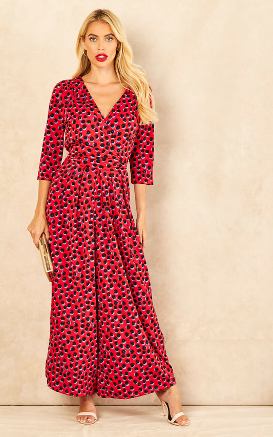 3/4 Sleeve Wrap Front Jersey Jumpsuit, Red Spot