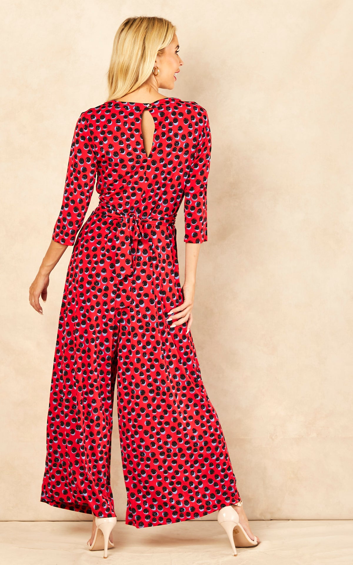 3/4 Sleeve Wrap Front Jersey Jumpsuit, Red Spot