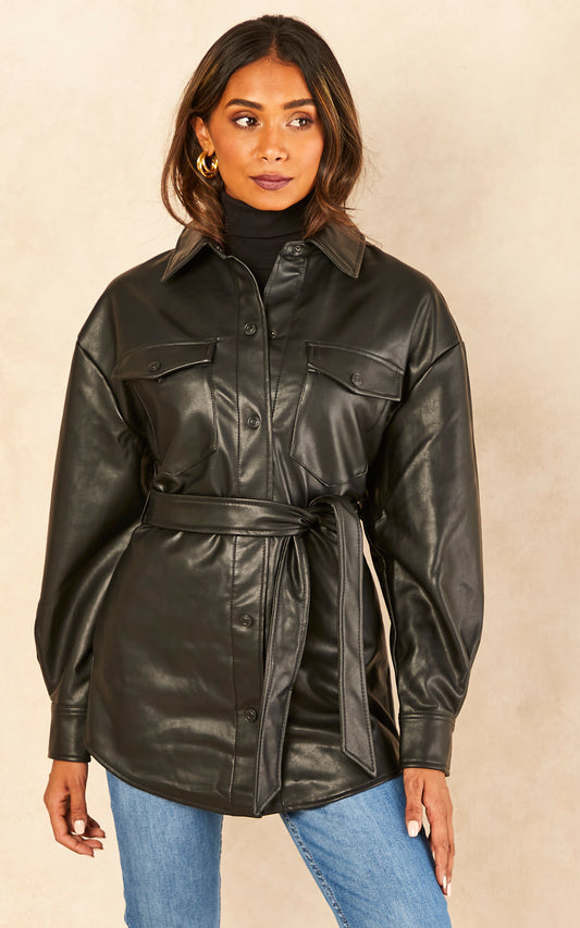Faux Leather Shacket in Black