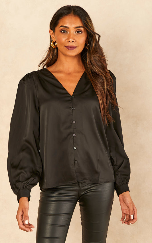 Long Sleeve Satin V Neck Blouse in Black