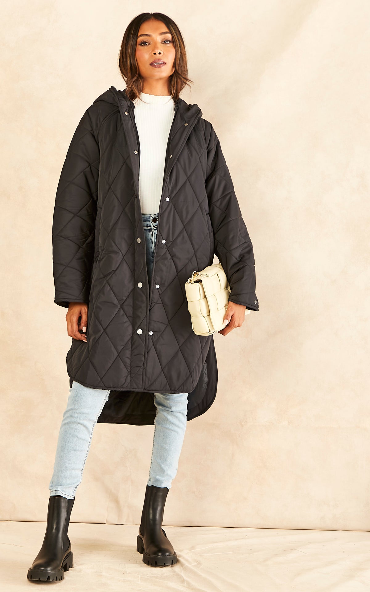 Quilted Coat with Hood in Black