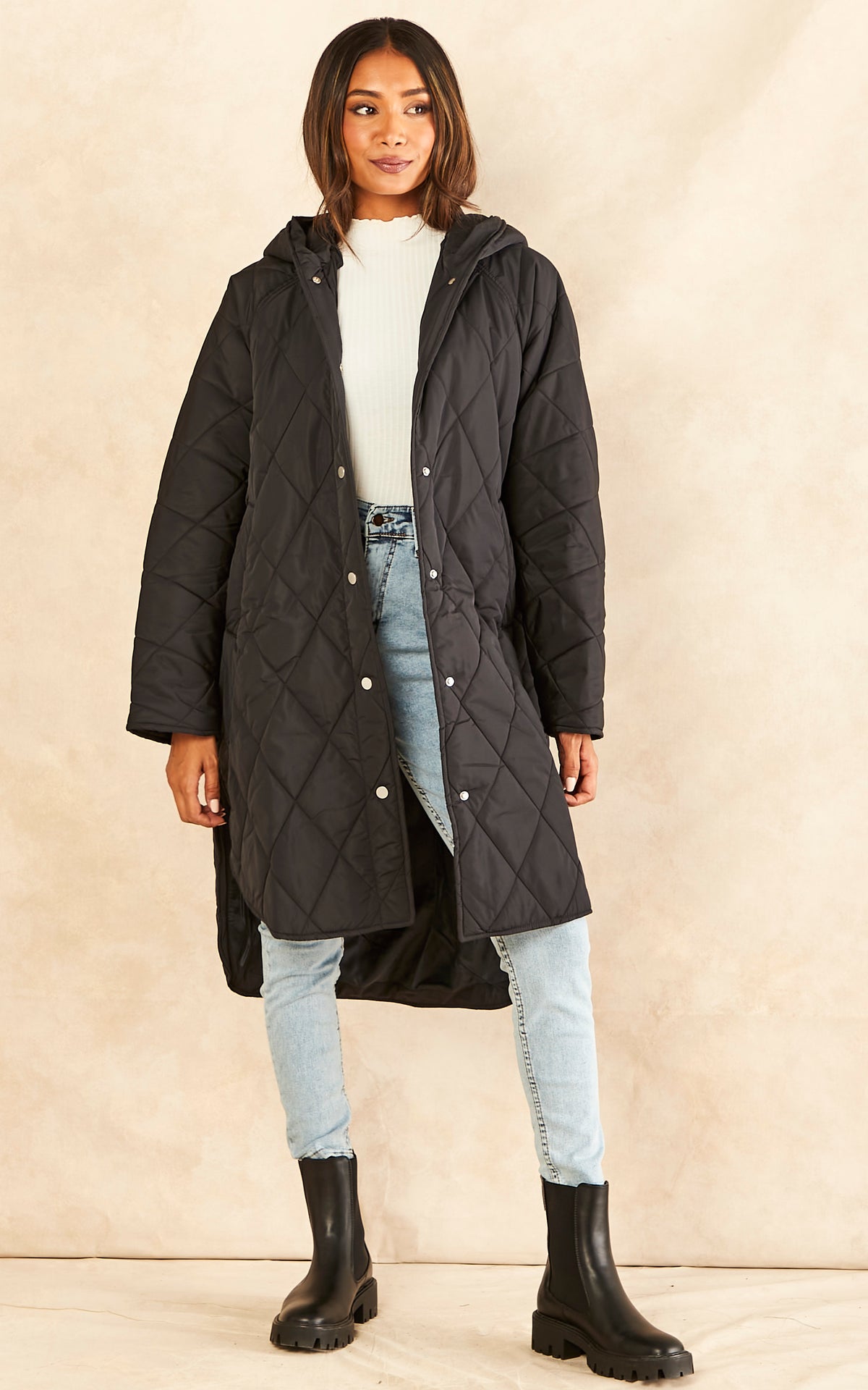 Quilted Coat with Hood in Black