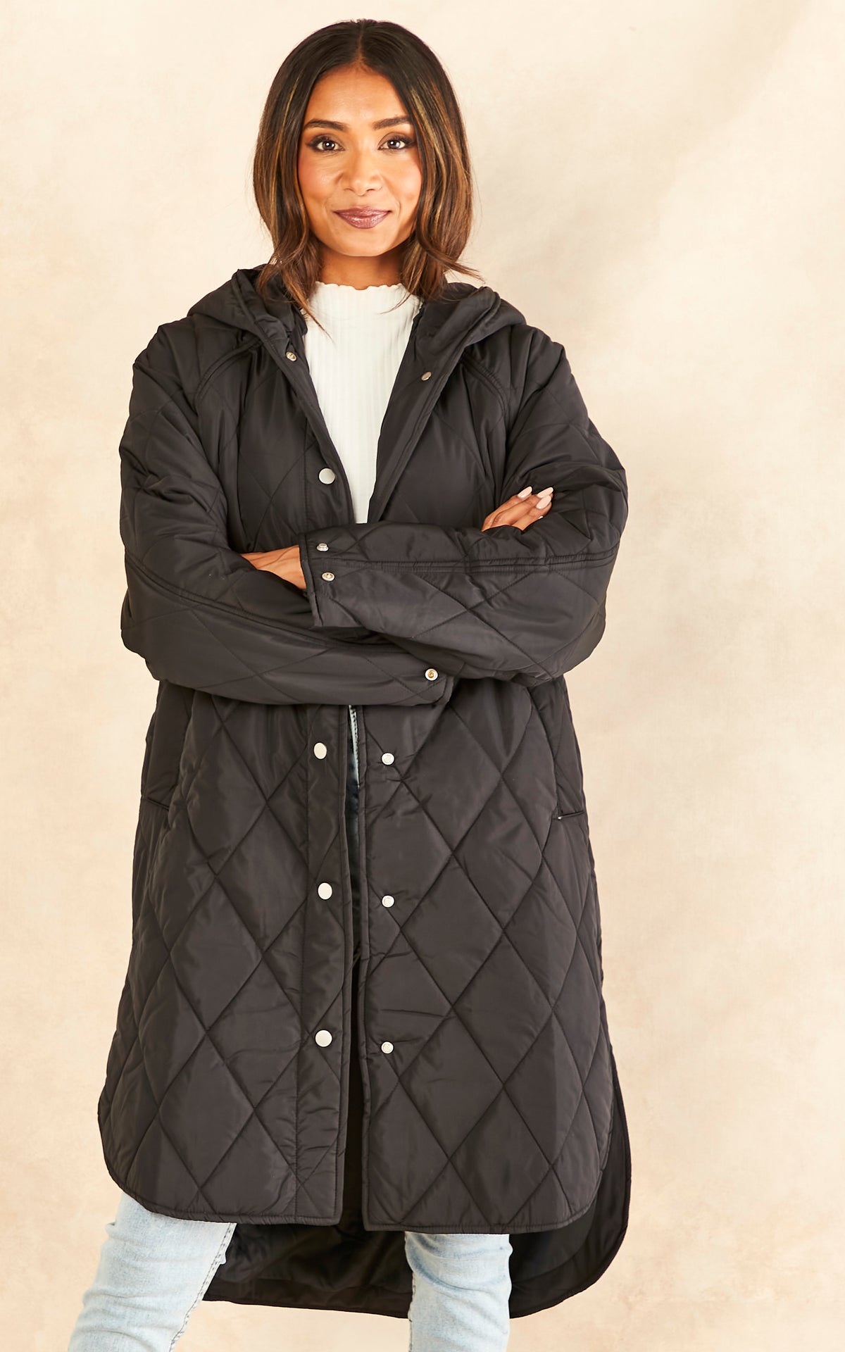 Quilted Coat with Hood in Black