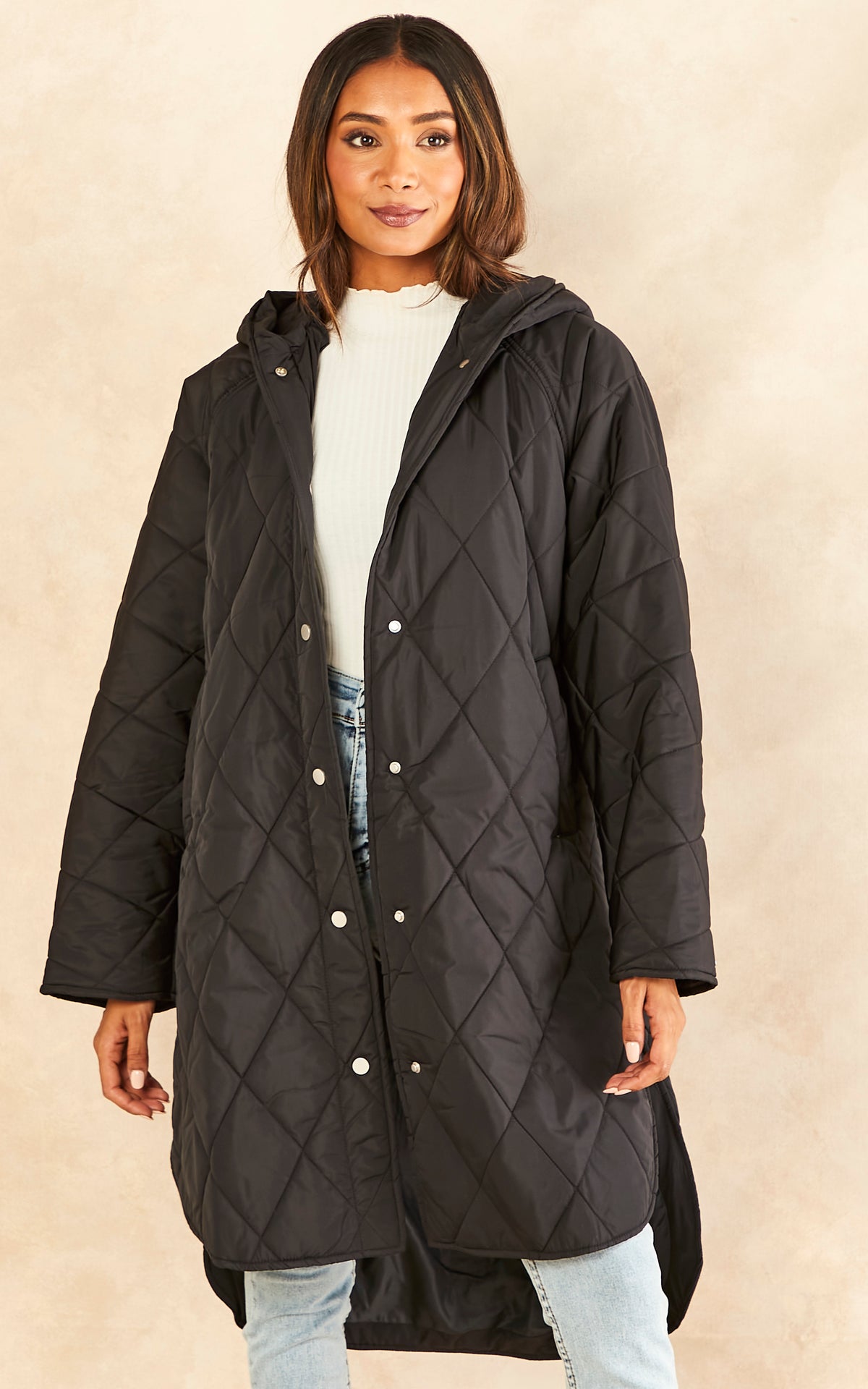 Quilted Coat with Hood in Black