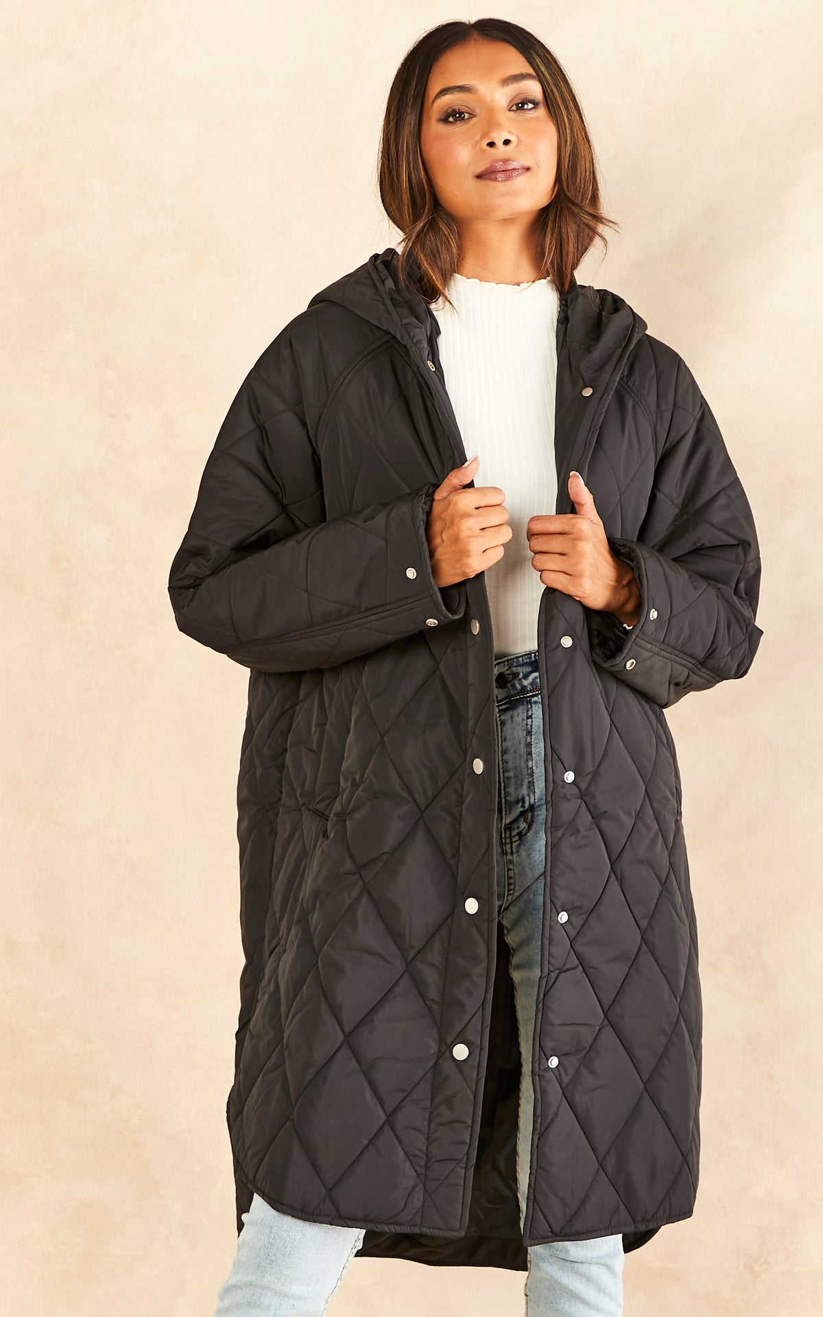 Quilted Coat with Hood in Black