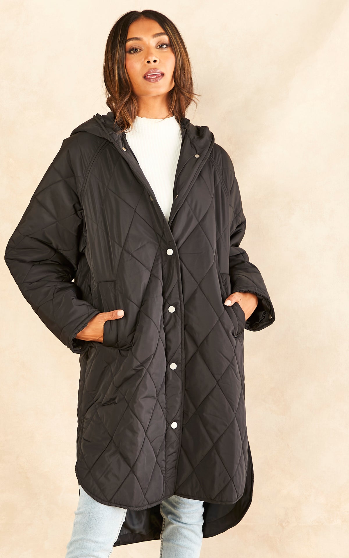 Quilted Coat with Hood in Black