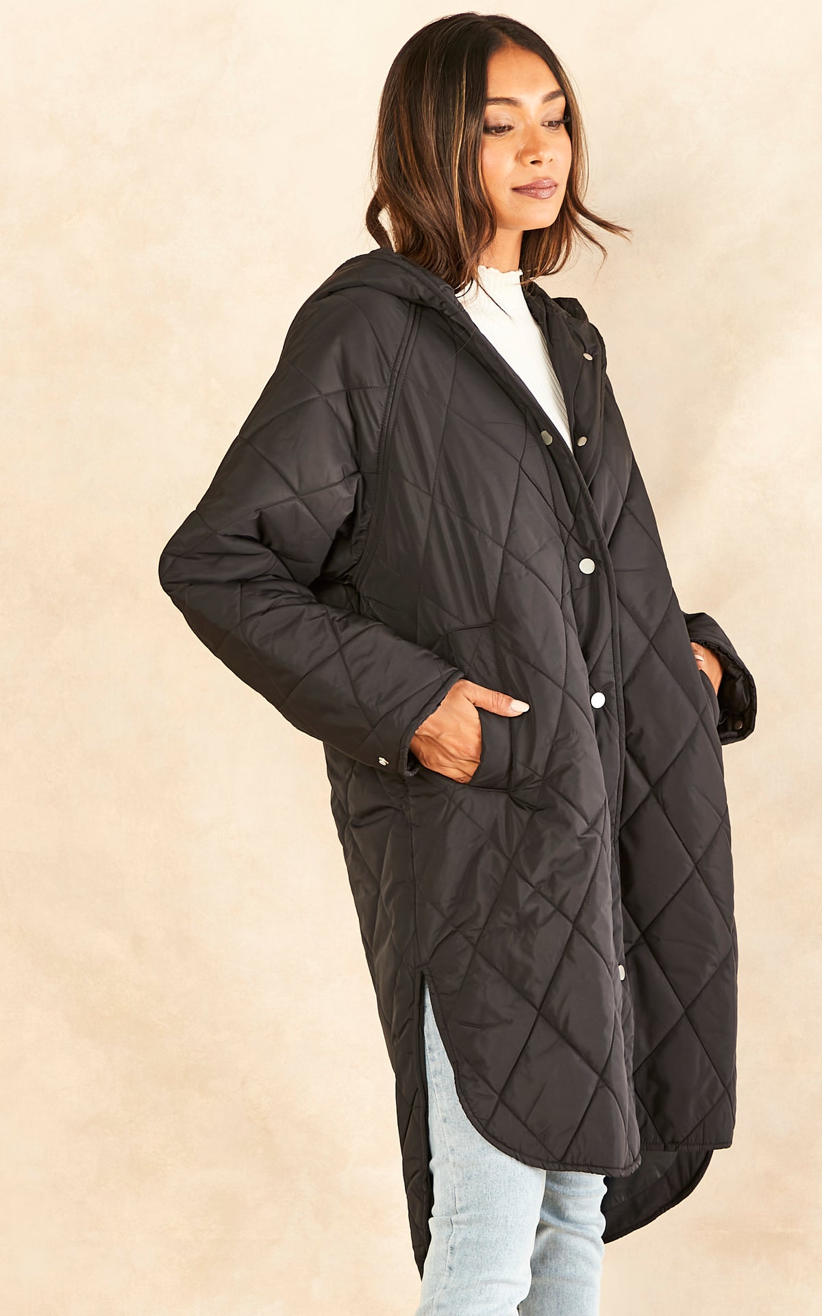 Quilted Coat with Hood in Black