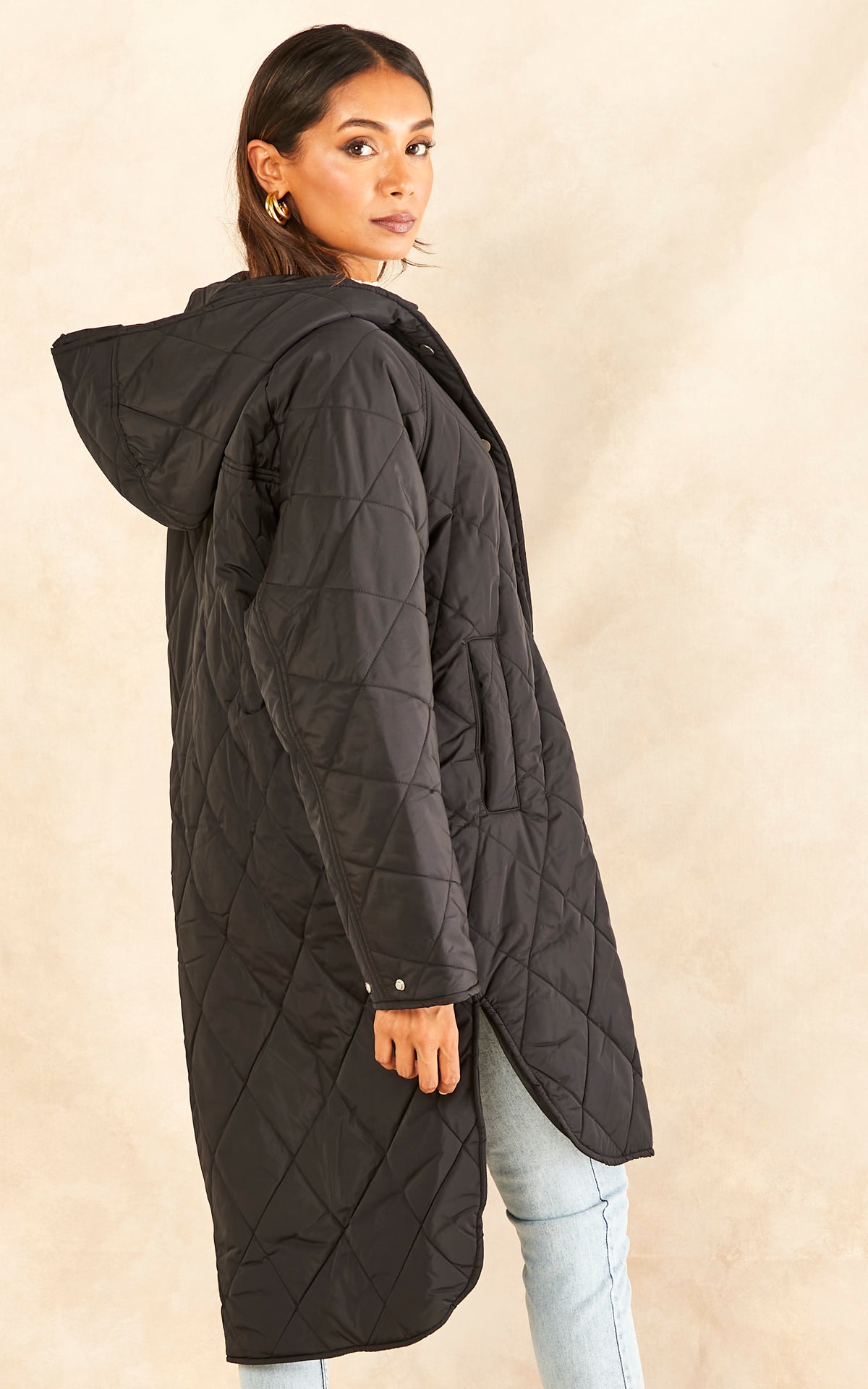Quilted Coat with Hood in Black