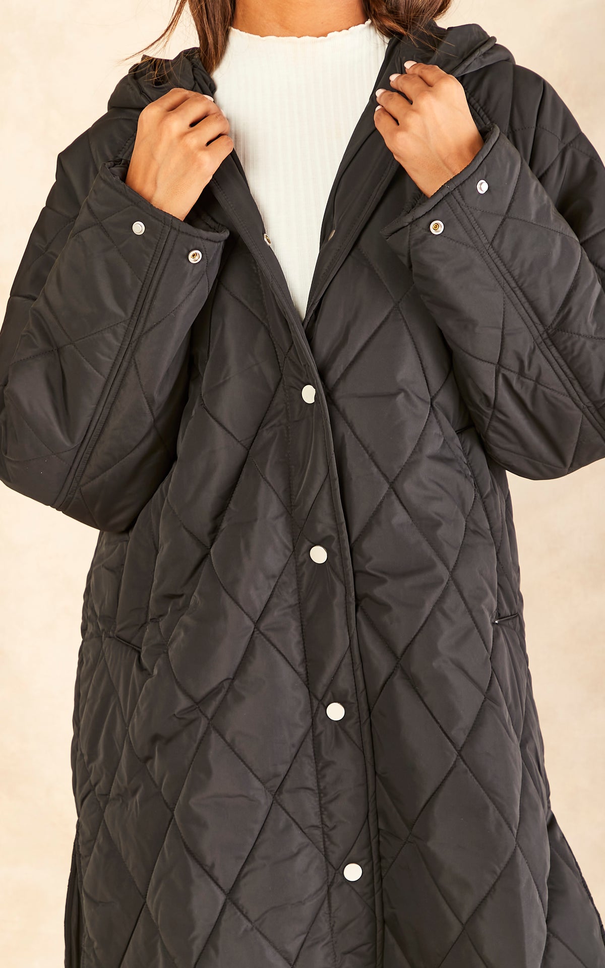Quilted Coat with Hood in Black