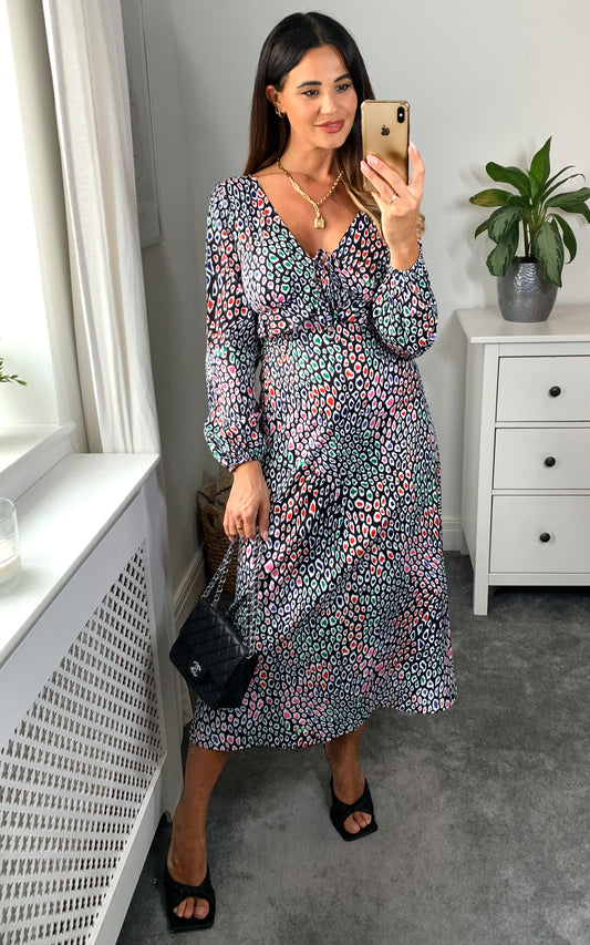 V-neck long sleeves leopard print maxi with frill detail in multicolour