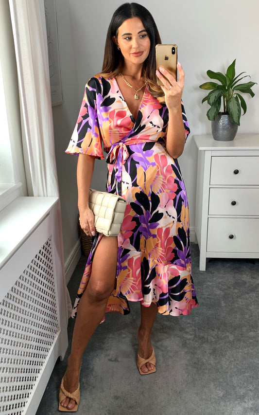 Midi wrap dress with frill detail in multicolour floral print