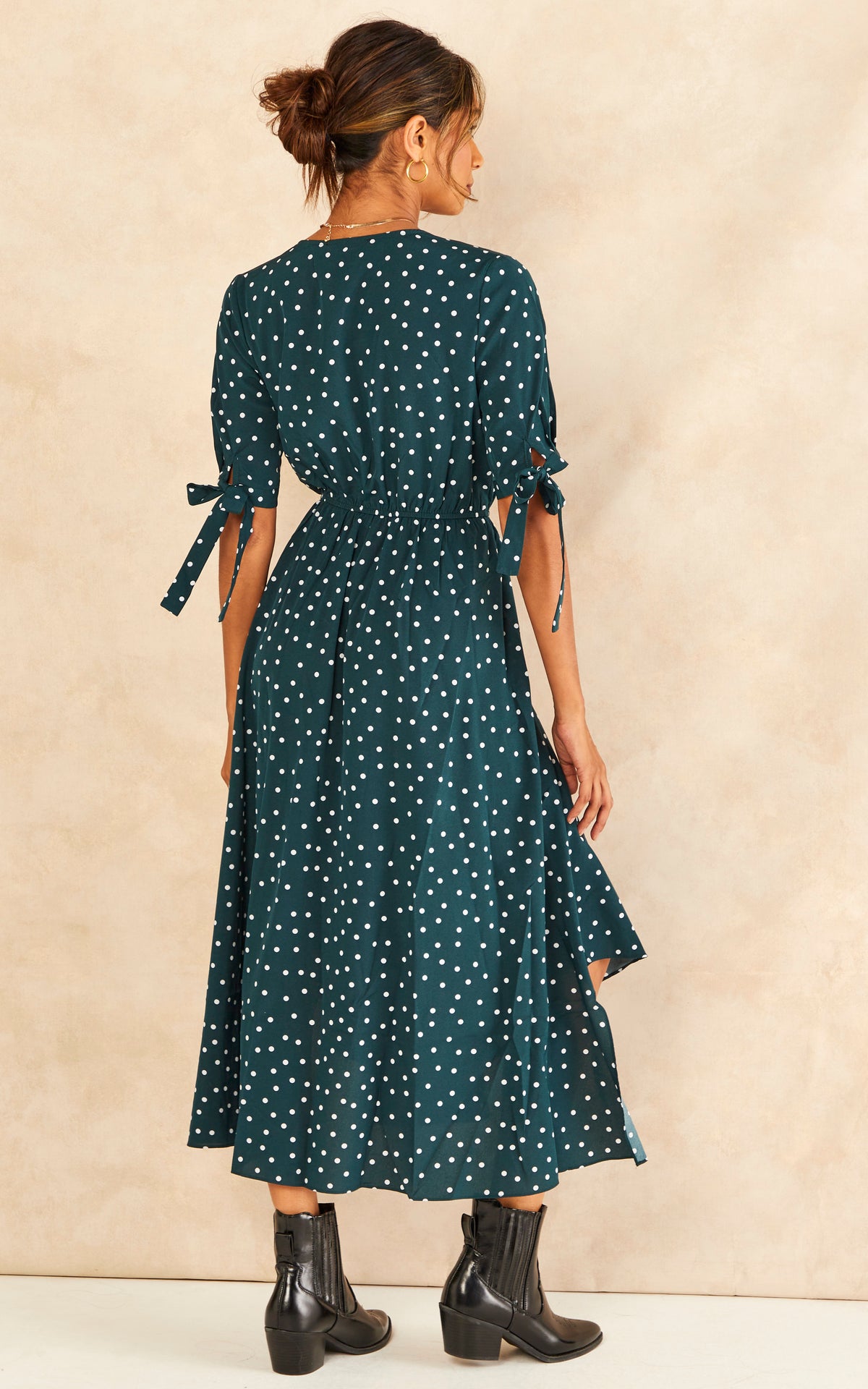 Tie Sleeve Polka Dot Midi Dress in Dark Green