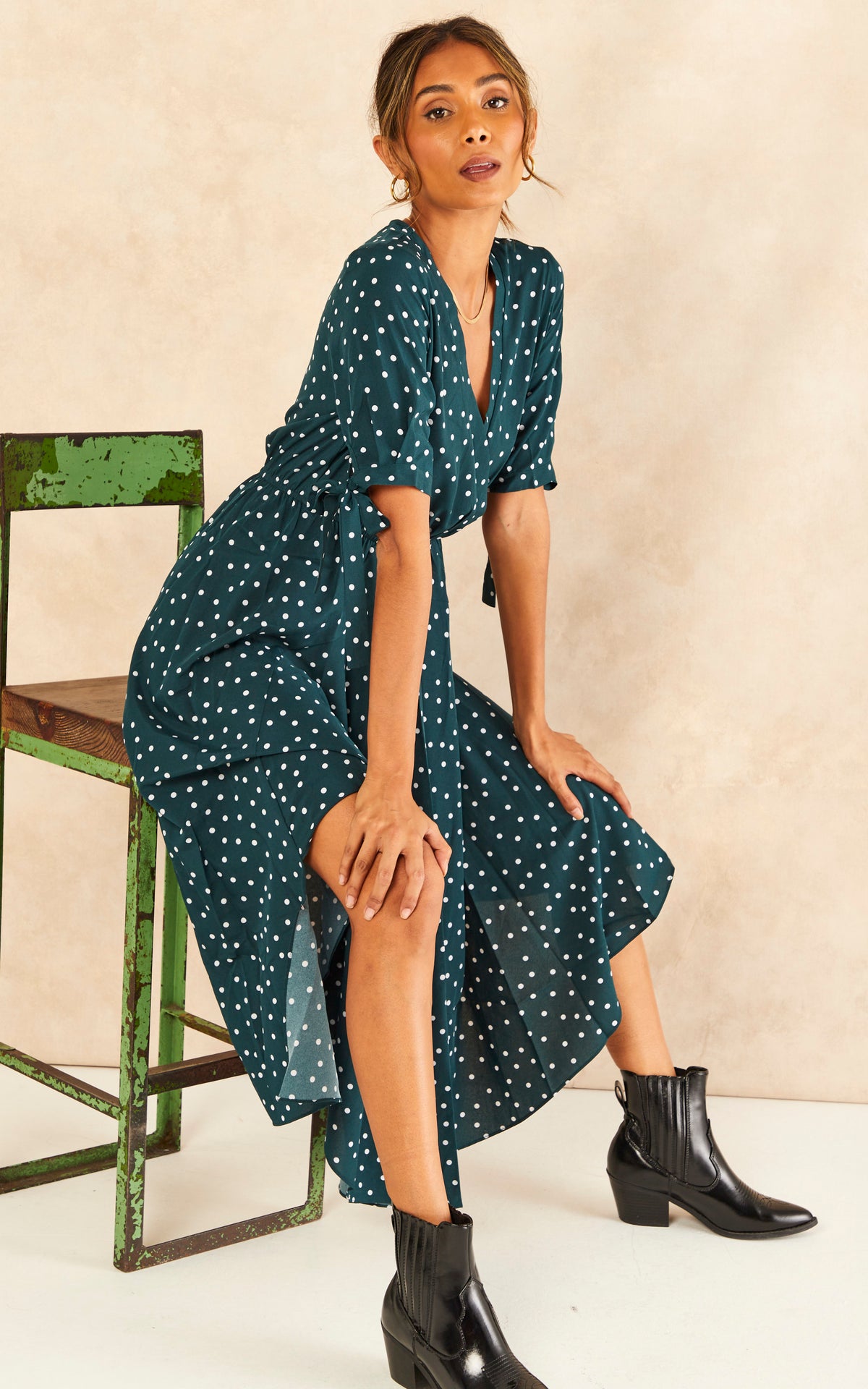 Tie Sleeve Polka Dot Midi Dress in Dark Green