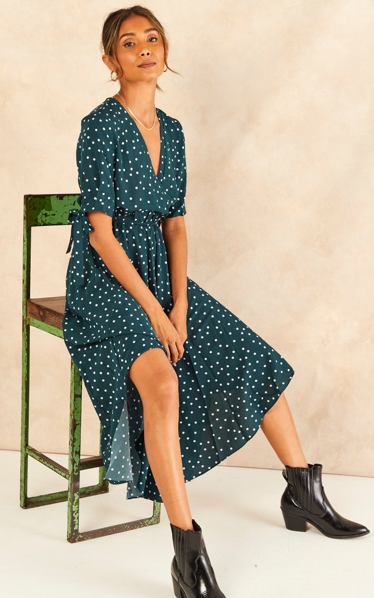 Tie Sleeve Polka Dot Midi Dress in Dark Green