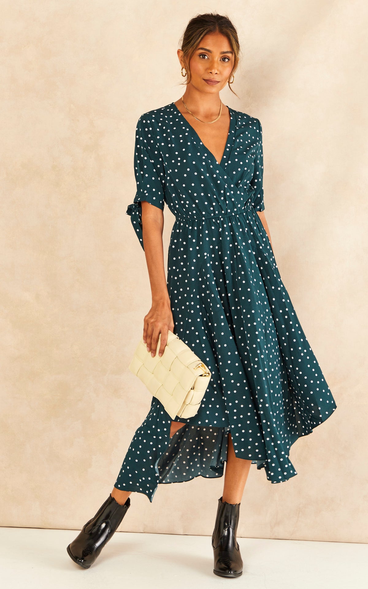 Tie Sleeve Polka Dot Midi Dress in Dark Green