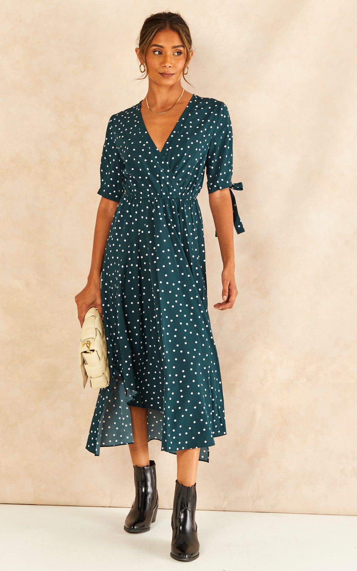 Tie Sleeve Polka Dot Midi Dress in Dark Green