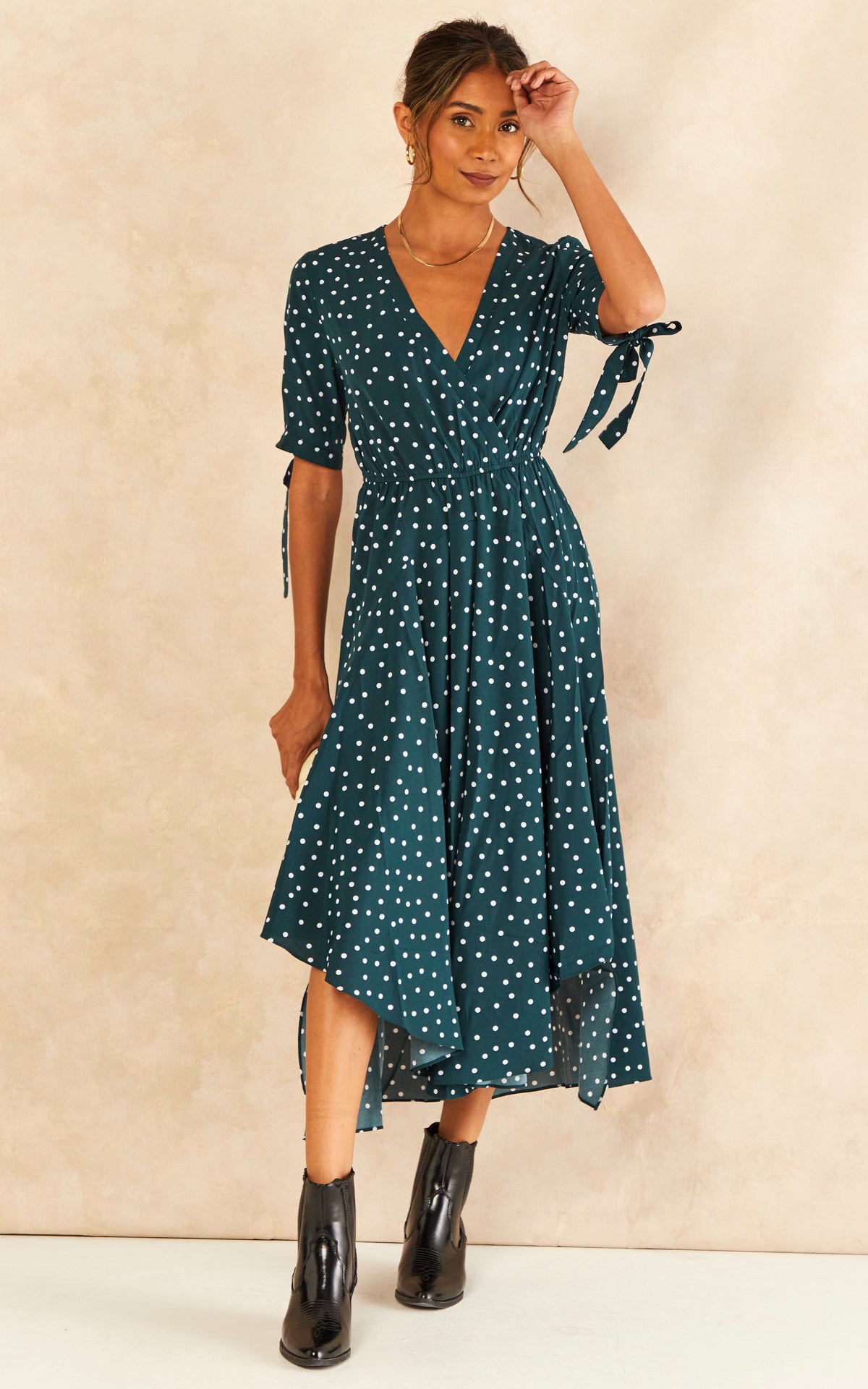 Tie Sleeve Polka Dot Midi Dress in Dark Green