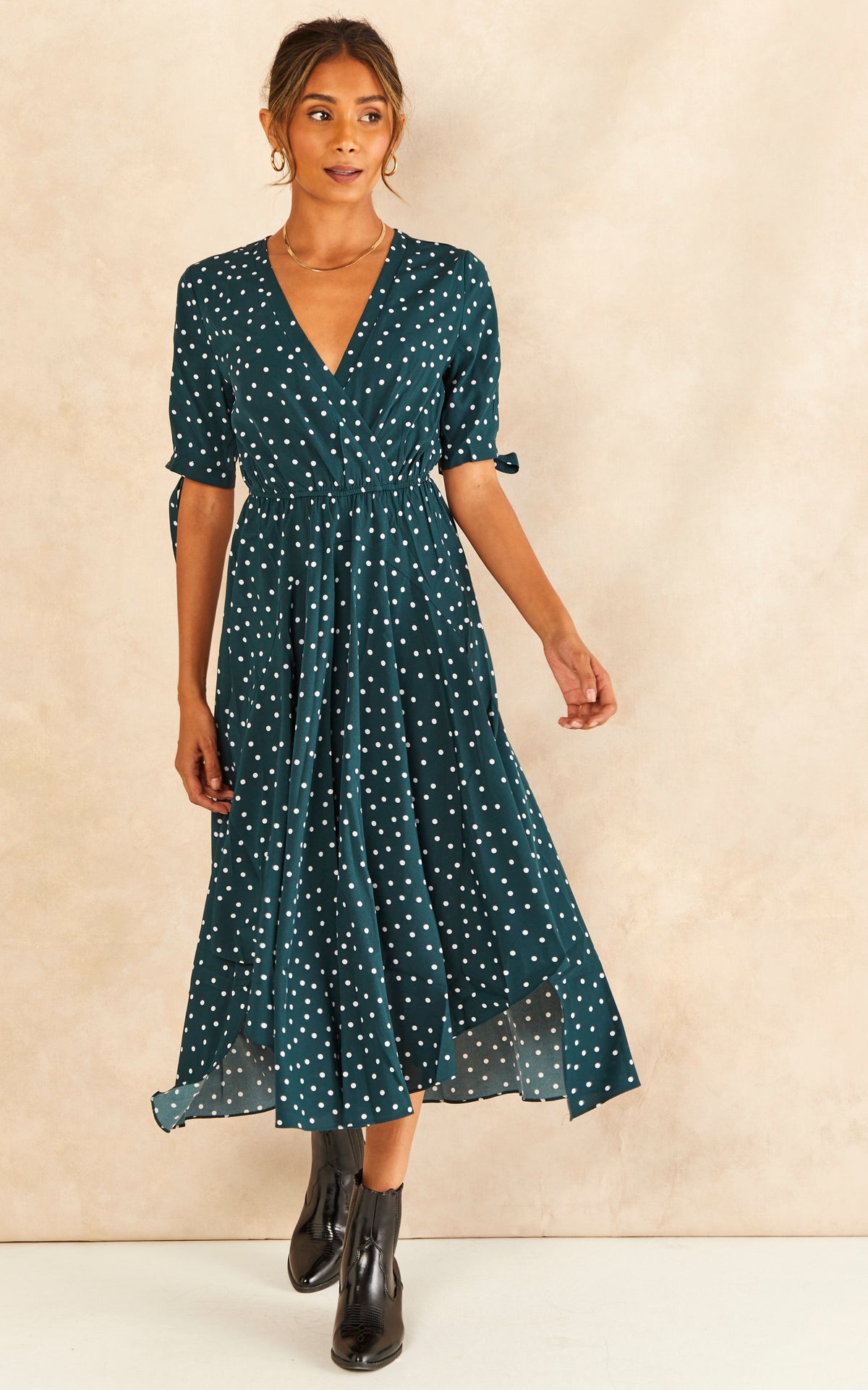 Tie Sleeve Polka Dot Midi Dress in Dark Green