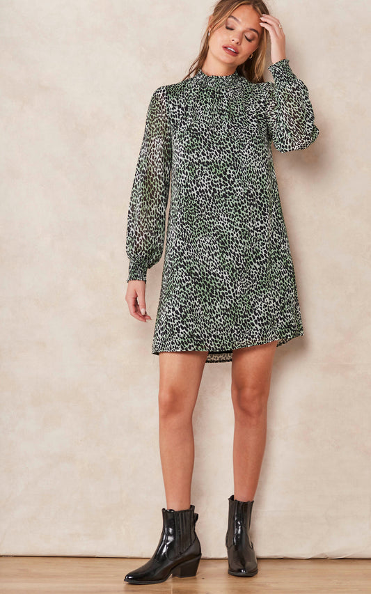 Long Sleeve High Neck Mini Dress in Green Animal Print
