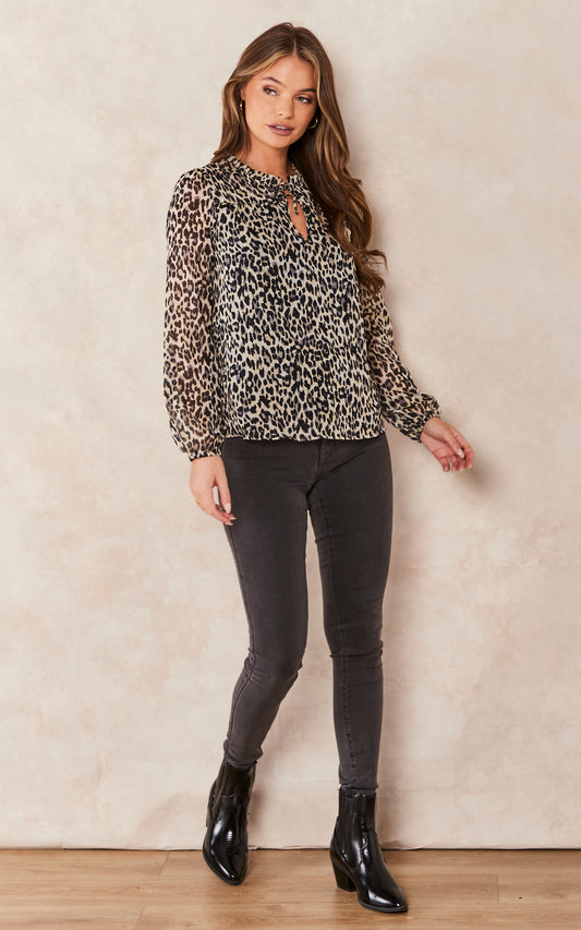 Long Sleeve Blouse with Tie Neck Detail in Leopard Print