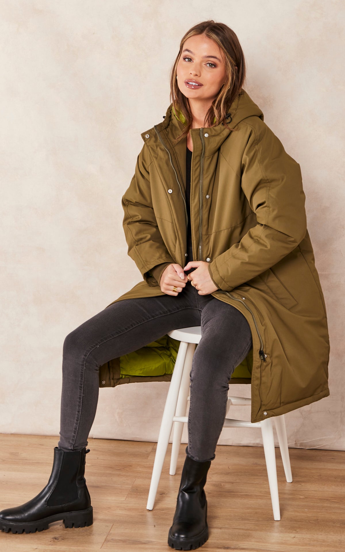 Hooded Parka Coat In Khaki