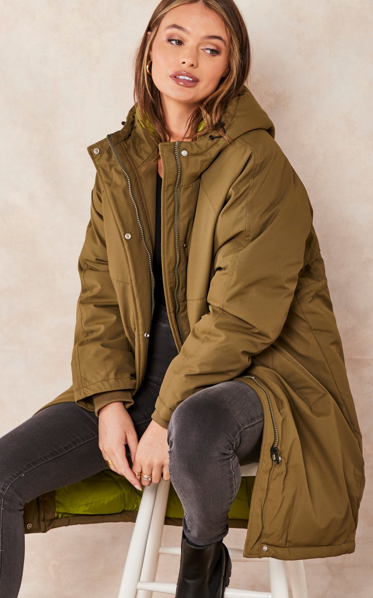 Hooded Parka Coat In Khaki
