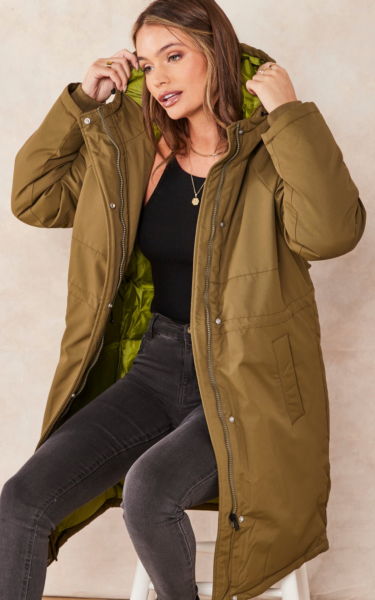 Hooded Parka Coat In Khaki