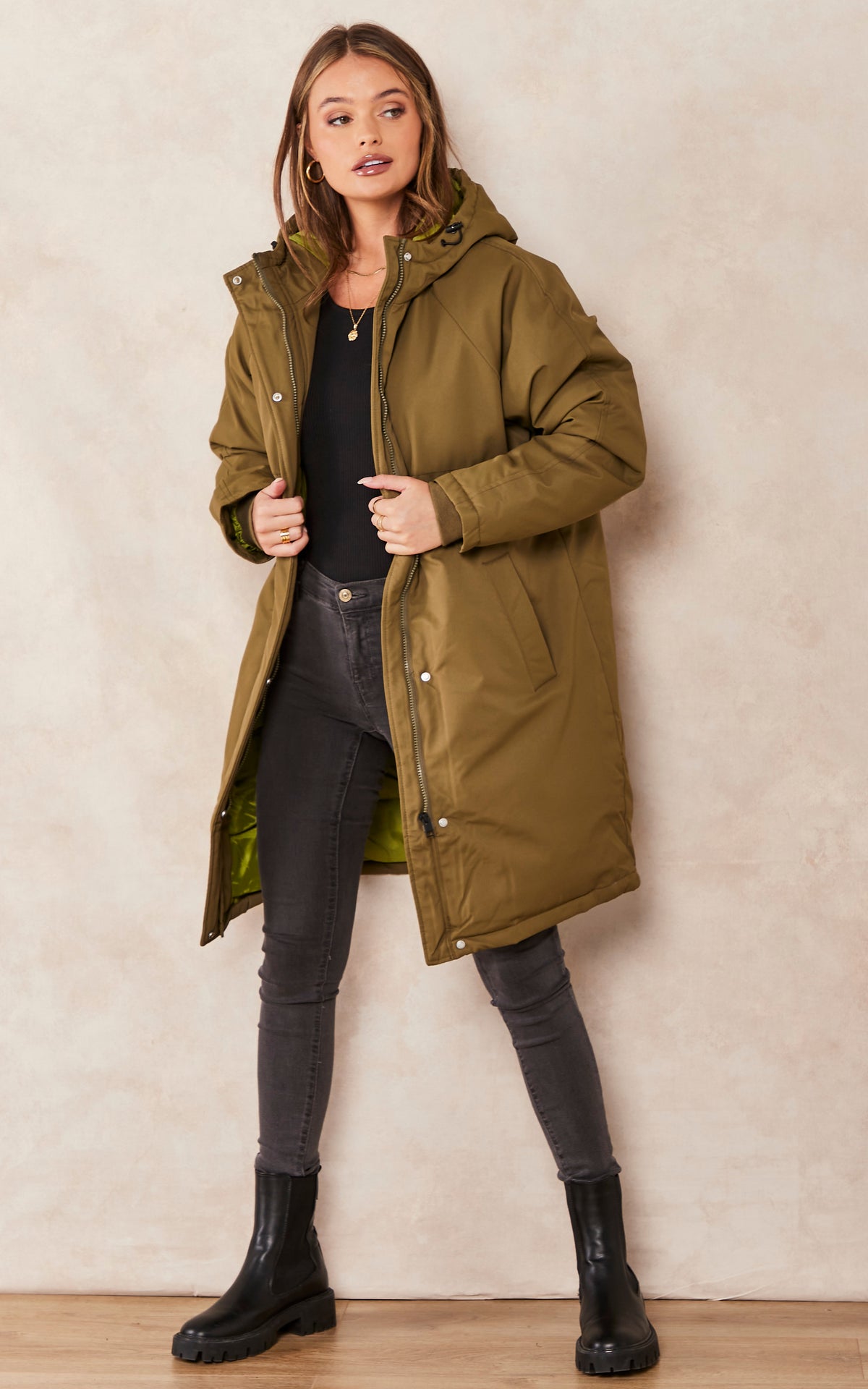 Hooded Parka Coat In Khaki