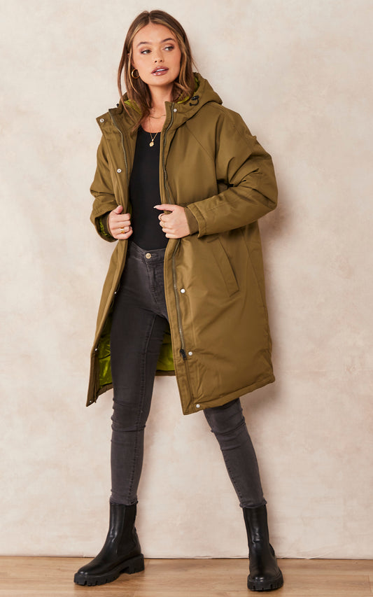 Hooded Parka Coat In Khaki