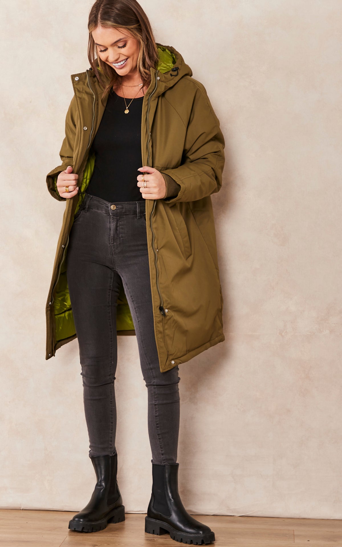 Hooded Parka Coat In Khaki