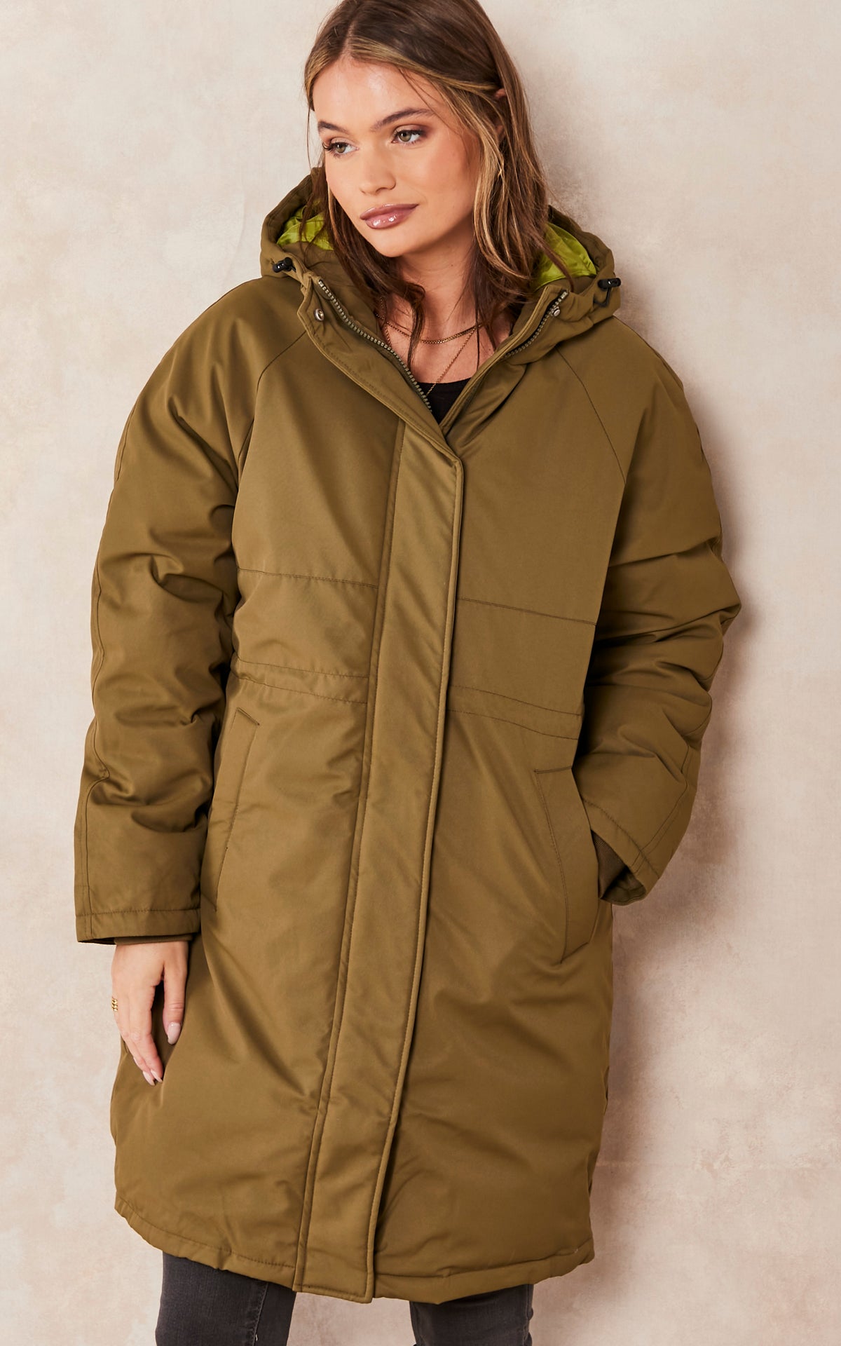 Hooded Parka Coat In Khaki