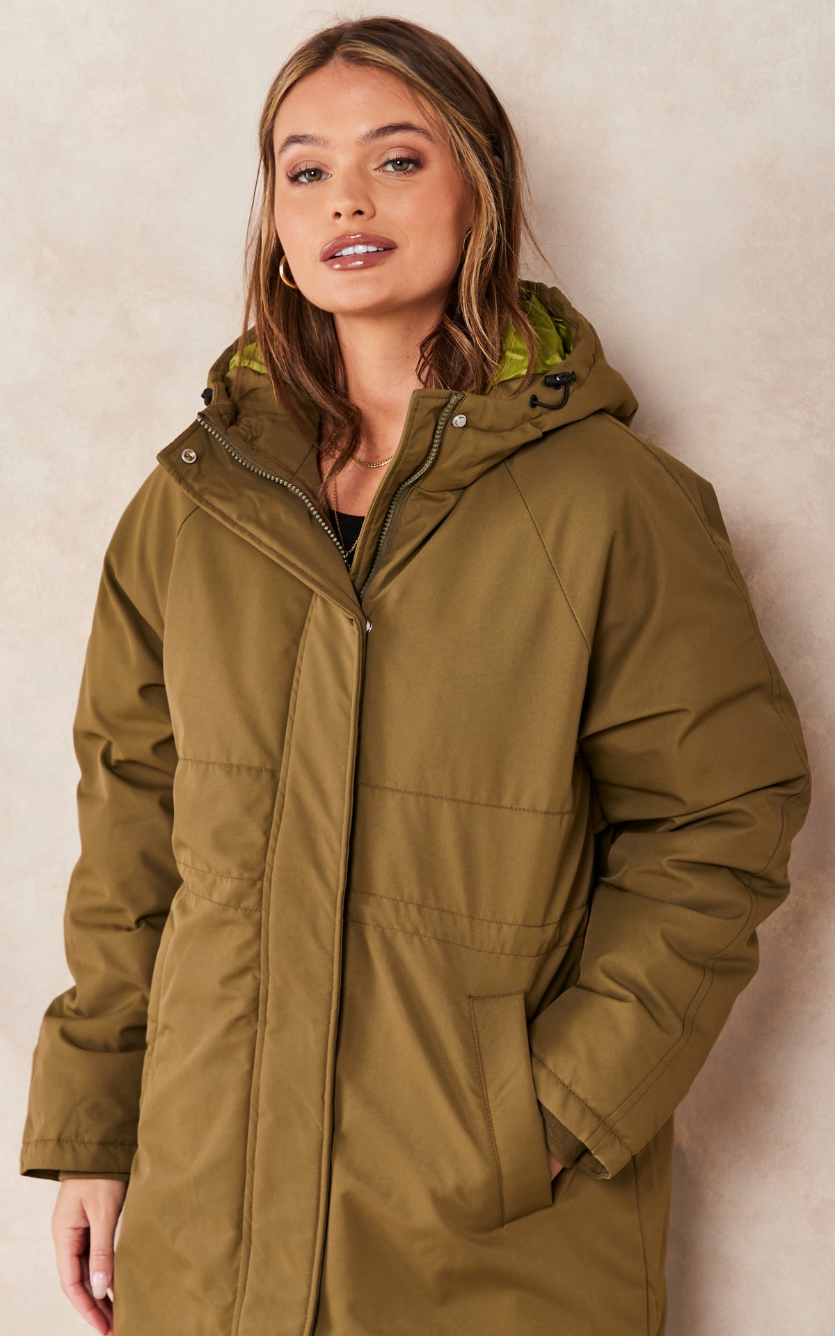Hooded Parka Coat In Khaki