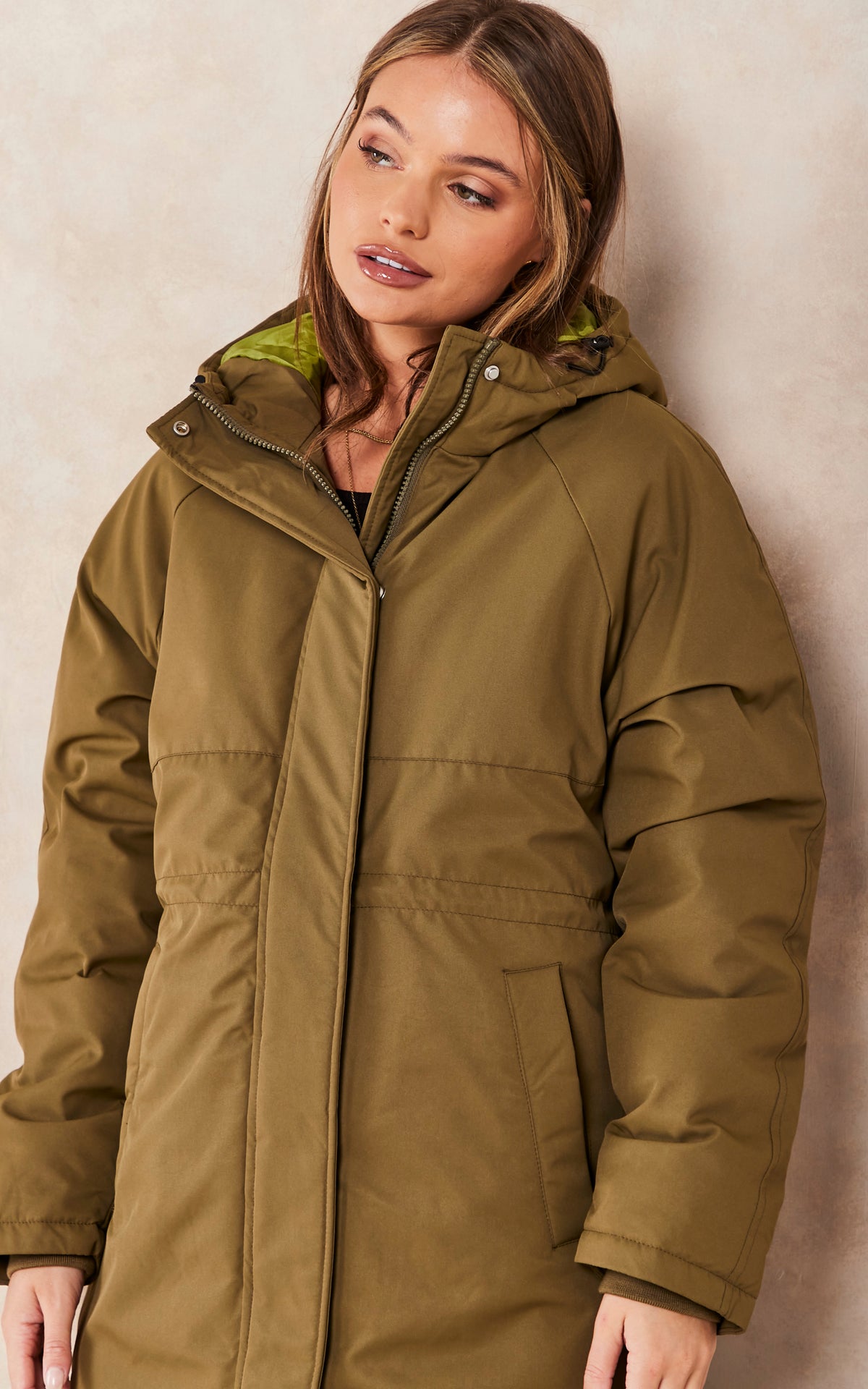 Hooded Parka Coat In Khaki