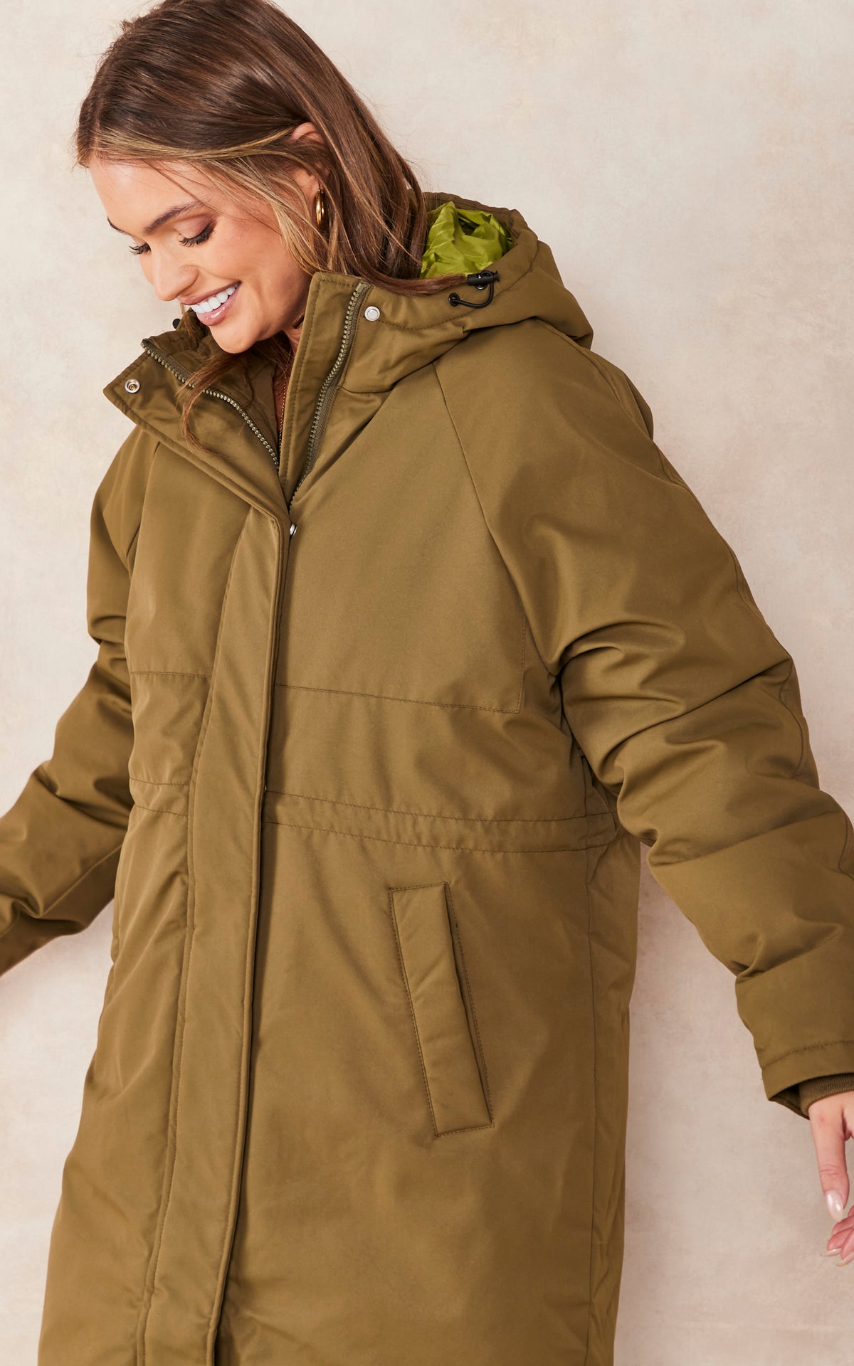 Hooded Parka Coat In Khaki