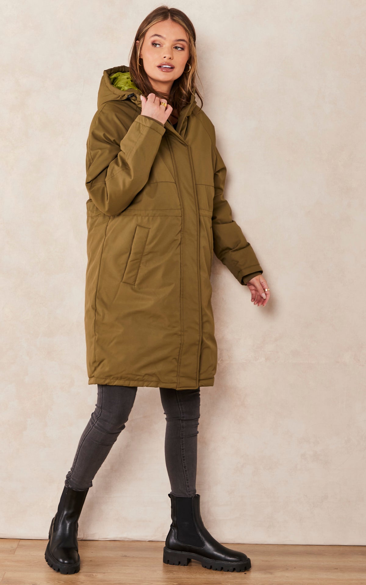 Hooded Parka Coat In Khaki