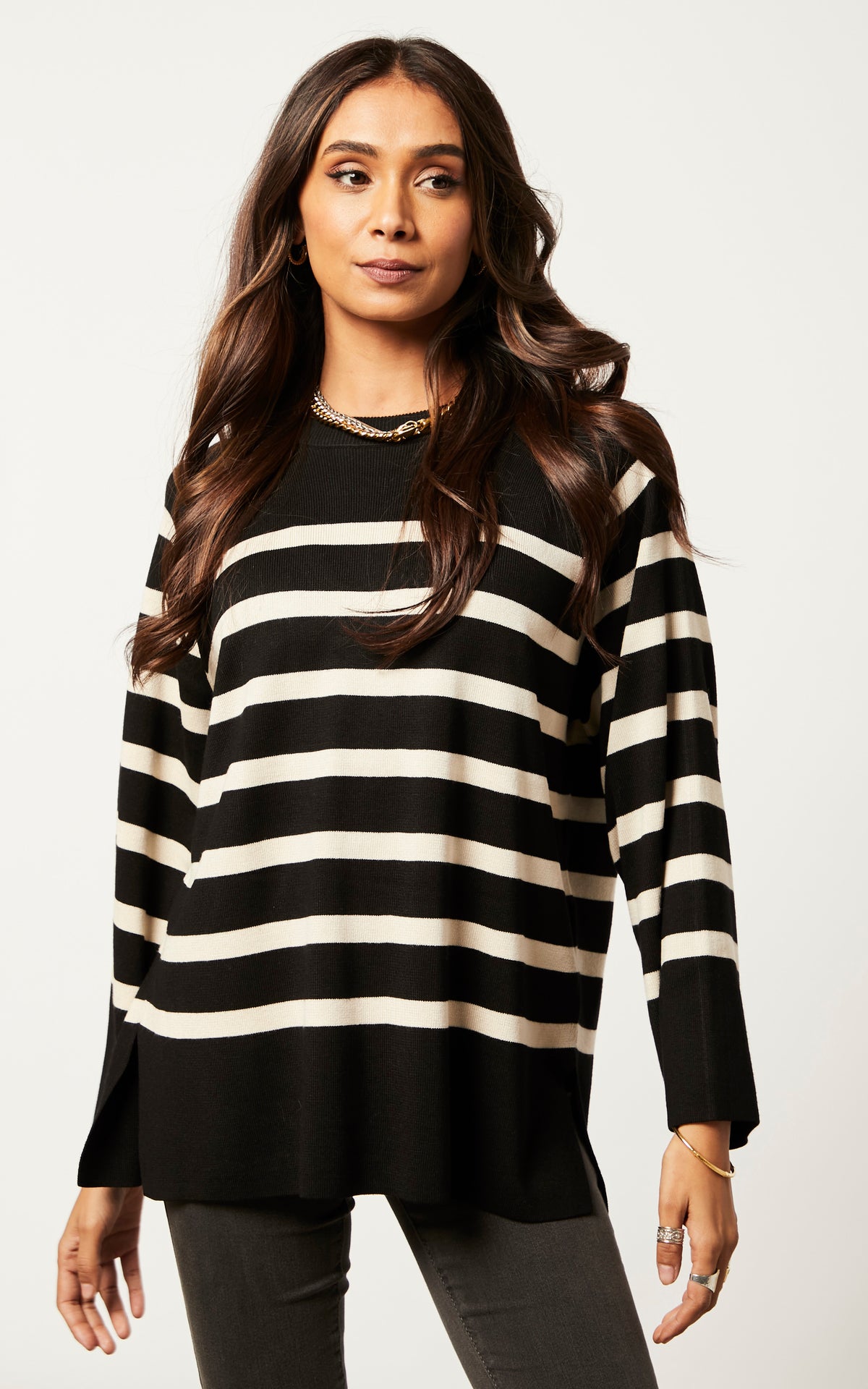 Long Sleeve Striped Jumper in Black and White